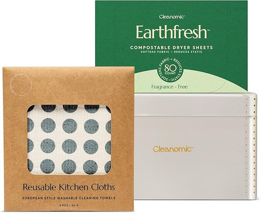 CLEANOMIC Reusable Kitchen Cloth, Fabric Softener Sheets & Tablet Tin Bundle