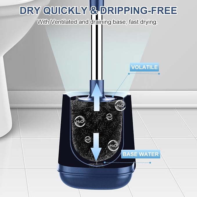 SetSail Toilet Brush and Holder 3 Pack, Self Closing Lid Toilet Bowl Brushes Holder Extra Long Handle Ventilated Toilet Brush Set for Bathroom Cleaning, Nylon Bristles, Dark & Blue