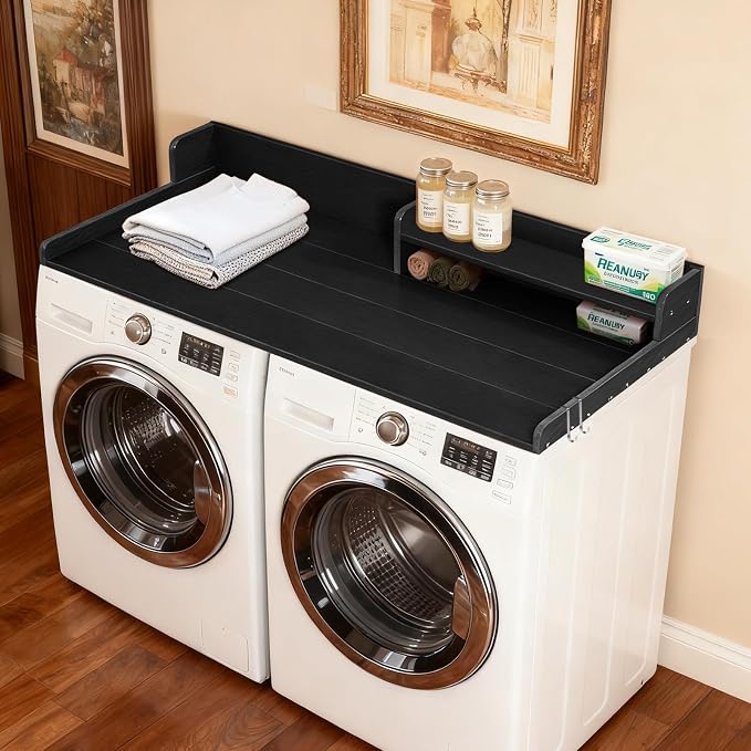 Washer Dryer Countertop, HDPE Laundry Countertop with Storage Shelf and Edge Rails-Black