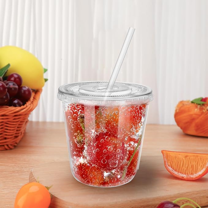 12oz Disposable Stemless Glasses with Flat Lids and Straws,PET Disposable Drinking Cups,Clear Plastic Wine Glasses for Parties Birthday,Wedding,Meeting,Christmas Party Supplies. (50, Transparent)