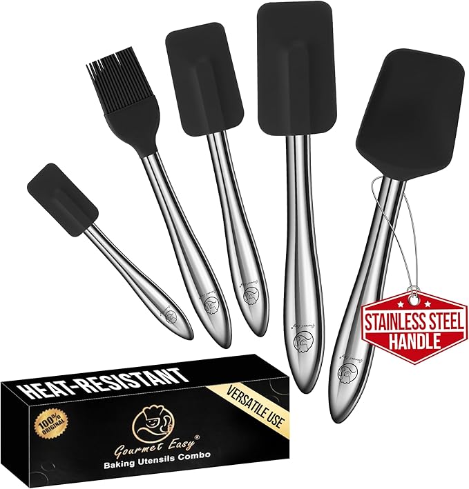 5pcs Silicone Spatula Cooking Utensils Set with Stainless Steel Handles, Premium Heat-Resistant Kitchen Utensils for Baking, Spoonula & Silicone Brush Included, Safe for Nonstick Cookware (Black)