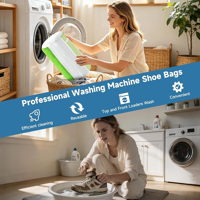 Shoe Bag for Washing Machine and Dryer - 2PCS XXL Reusable Shoe Laundry Bag with Shoe Tree - Chenille Microfiber 360°Deep Cleaning Bag for Sneakers Tennis Delicate Shoes - Green 15.35 × 7.5 Inches