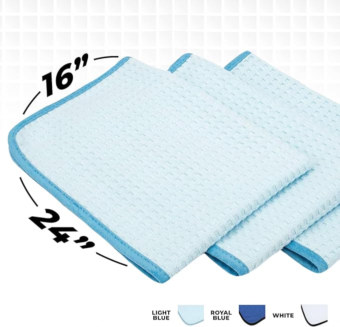 The Rag Company Dry Me A River, Professional Korean 70/30 Blend Microfiber Waffle-Weave Drying & Detailing Towels, Soft Suede Edges, 390 GSM, 16x24 Inches, Light Blue, 3-Pack