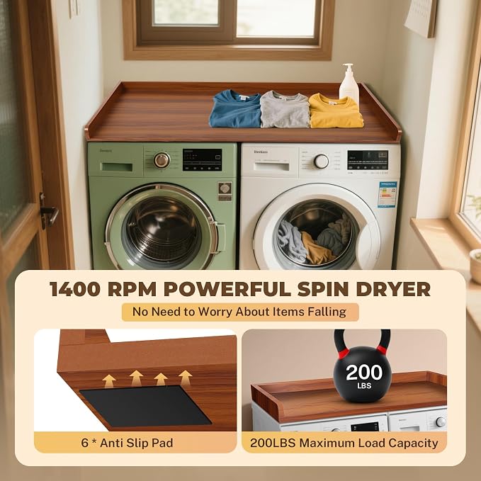 FAHKNS Washer Dryer Countertop - Wood Laundry Washer Dryer Topper with Anti-Slip Mat, 54" Width Waterproof Laundry Room Organization, Light & Save Space, Walnut