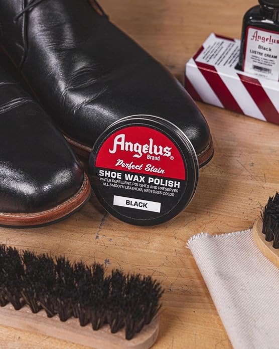Angelus Shoe Shine Kit, Black- Boot and Shoe Polish Wax, Shoe Cream 3oz, Horsehair Brush, Dauber, and Cloth | 5 Piece Set, Gift Idea for Father's Day, Dad, Husband