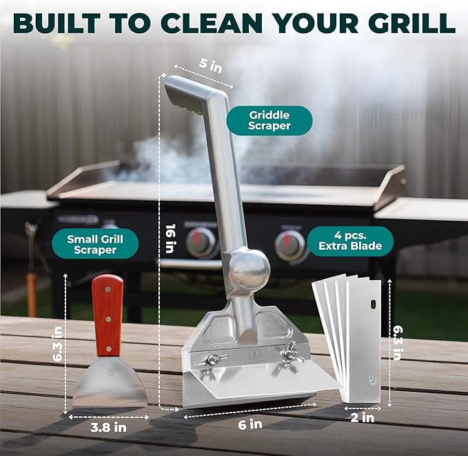 Heavy-Duty Griddle Scraper Kit – Griddle Scrapers for Flat Tops & Grill Scraper with Ergonomic Handles, Splash Guard, 4 Extra Blades for Effortless Burnt-On Grease Removal