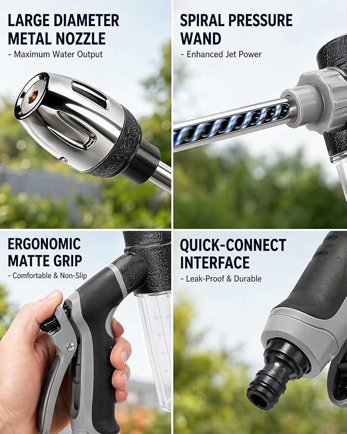 Heavy Duty Garden Hose Nozzle, 2026 Upgraded High Pressure Water Cleaning Jet, Multi-Function Sprayer for Lawn, Yard, Car, Pet, Driveway – Universal Fit 3/4 Inch Thread, No Electricity Needed