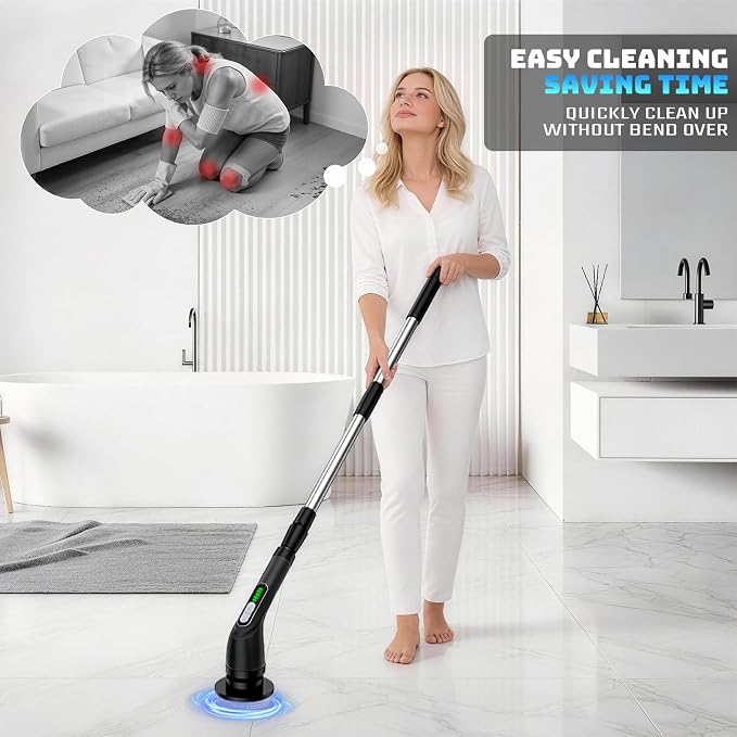 Highyes Electric Spin Scrubber, Powerful 2-Speed Cleaning Brush, | IPX7 Waterproof with 7 Reusable Brush Heads & Extendable Handle, for Bathroom Toilet Shower Kitchen Wall Tile Floor Grout
