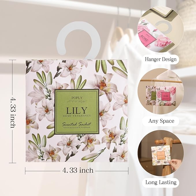 12 Pack Lily Scented Sachets, Long-Lasting Fresh Scent, Air Freshener for Closet & Drawers, Hanging Deodorizer for Home