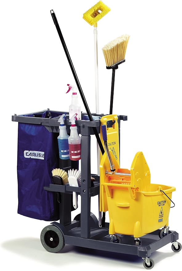 Carlisle FoodService Products Janitorial Cart Short Platform Cart with 25 Gallon Trash Bag for Restaurants, Hospitals, and Schools, Plastic, 45 X 19 X 39 Inches, Gray