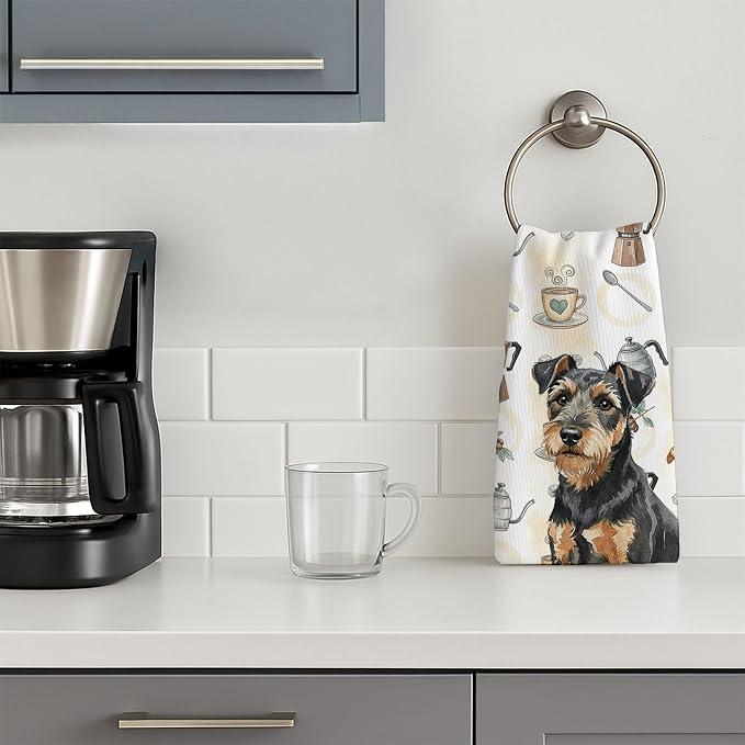 Caroline's Treasures Black and Tan Lakeland Terrier Coffee Bar Kitchen Towel Velour Plush Front and Cotton Loop Back Machine Washable