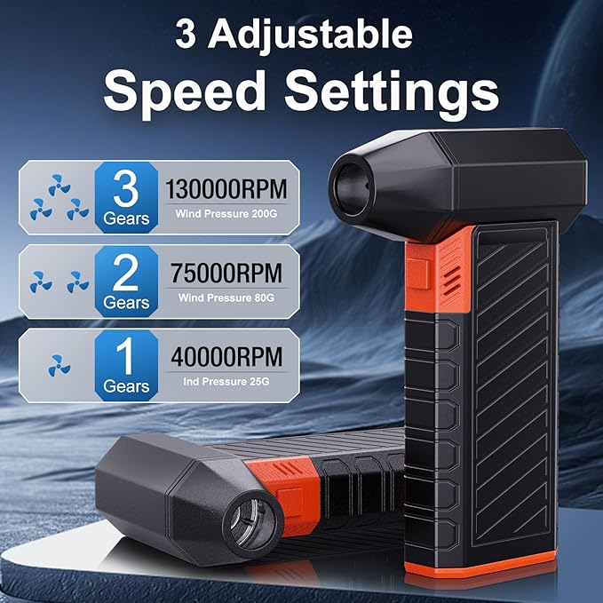 Compressed Air Duster with Rechargeable & Replaceable Battery, High-Speed Electric Air Duster, 3 Gear Adjustable Cordless Air Duster with LED Light for Computer, Keyboard, Outdoor, Home Cleaning