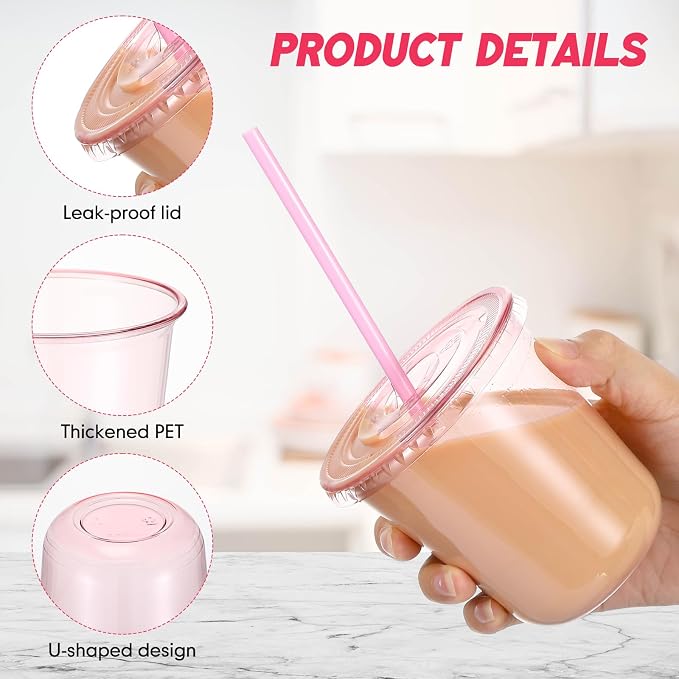 Ziliny 50 Sets Clear Round Bottom Plastic Cups with Lids and Straws, Cute Disposable Drinking Coffee Cups, for Christmas Valentine's Galentine's Day Party Wedding Birthday Supplies (12oz,Pink)