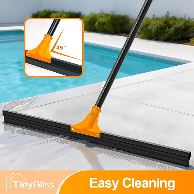 TidyBliss 30” Large Floor Squeegee Broom, Heavy Duty Rubber Foam Water Scraper, Epoxy Wiper Mop with 58.3 inches Long Handle for Cleaning Concrete Pool Rug Garage Deck Shower Window Outdoor (Orange)