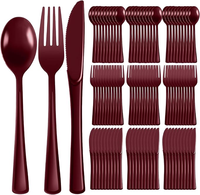 Plastic Silverware 150 PCS Disposable Silverware Heavy Duty Utensil Sets 50 Of Each Forks Knives & Spoons Disposable Cutlery Set For Easter,Birthday,Baby Shower,Garden Party,Wedding(150,Burgundy)