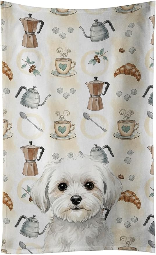 Caroline's Treasures Maltese Coffee Bar Kitchen Towel Velour Plush Front and Cotton Loop Back Machine Washable