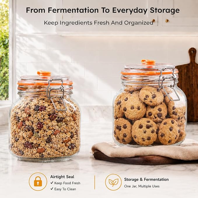 1L Wide Mouth Fermentation Jars, Pack of 2 Complete Fermenting Kit with Airlocks & Glass Weights for Sauerkraut, Kimchi & Pickles