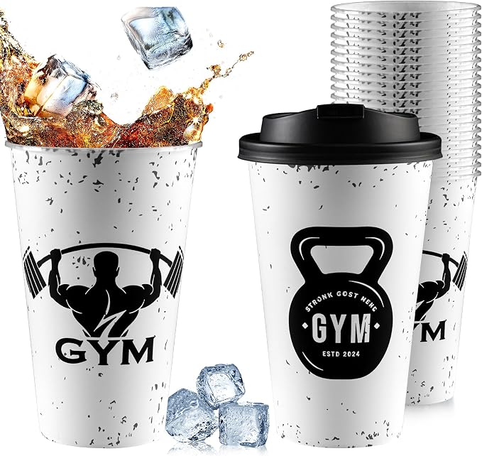 20pcs Gym Birthday Party Supplies Bodybuilder Theme Disposable Plastic Cups 16 Oz Drinking Cup with Lid, for Gym Lovers and Weight Lifters (gym)
