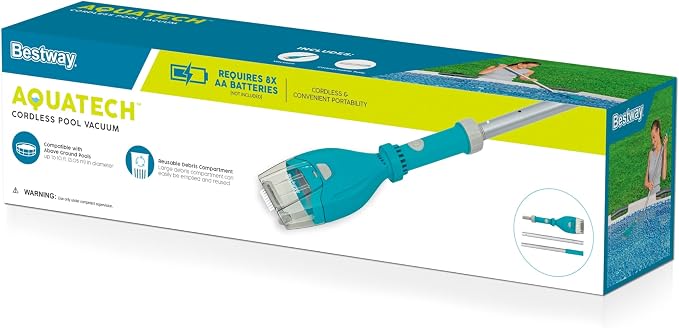 Bestway Cordless Pool Vacuum for Up to 10 Ft Pools, AquaTech Cordless Vacuum Cleaner - Adjustable Pole, Debris Compartment, and AA Battery Operated