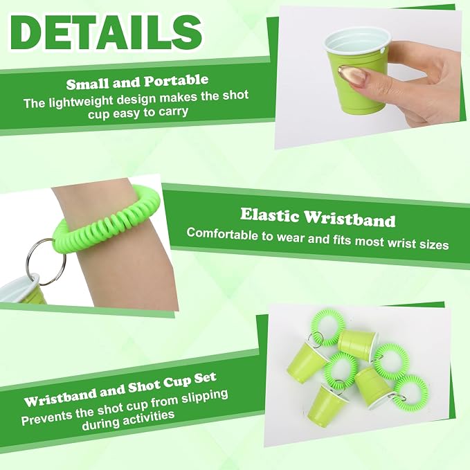 30 Pcs Green Shot Cups with Wristband for Party 2oz Plastic Shot Glasses Bulk Disposable Mini Shot Glasses with Bracelet Wear On Solo Cups for Party Wedding Birthday Baby Shower Graduation