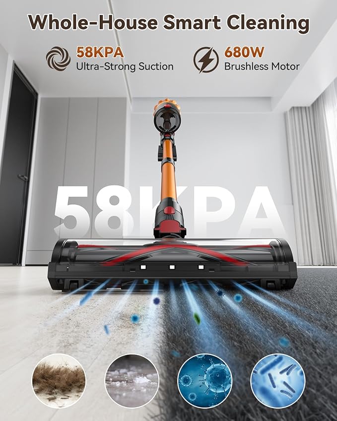 TechRise Cordless Vacuum Cleaner, 58KPA 680W 70Mins Stick Vacuum with LED Touchscreen, 3+1Smart Modes, Anti-Tangle & 8-in-1 Filter, Self-Standing Cordless Vacuum for Home/Pet Hair/Carpet/Floor