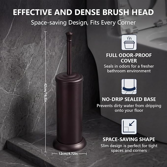 Toilet Brush and Holder Set,304 Stainless Steel Heavy Duty Toilet Brush,Extra Long Handle Toilet Bowl Brush and Holder for Bathroom,Durable,Deep Cleaning,Extra Dense Bristles (Bronze)