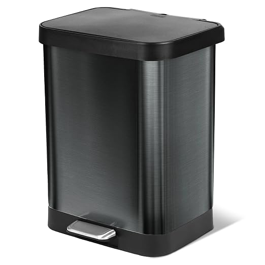 Glad 13 Gallon Stainless Steel Trash Can with Clorox Odor Protection | Large Metal Kitchen Garbage Bin with Soft Close Lid, Garbage Bag Rings, Step On Foot Pedal and Waste Bag Roll Holder, Pewter