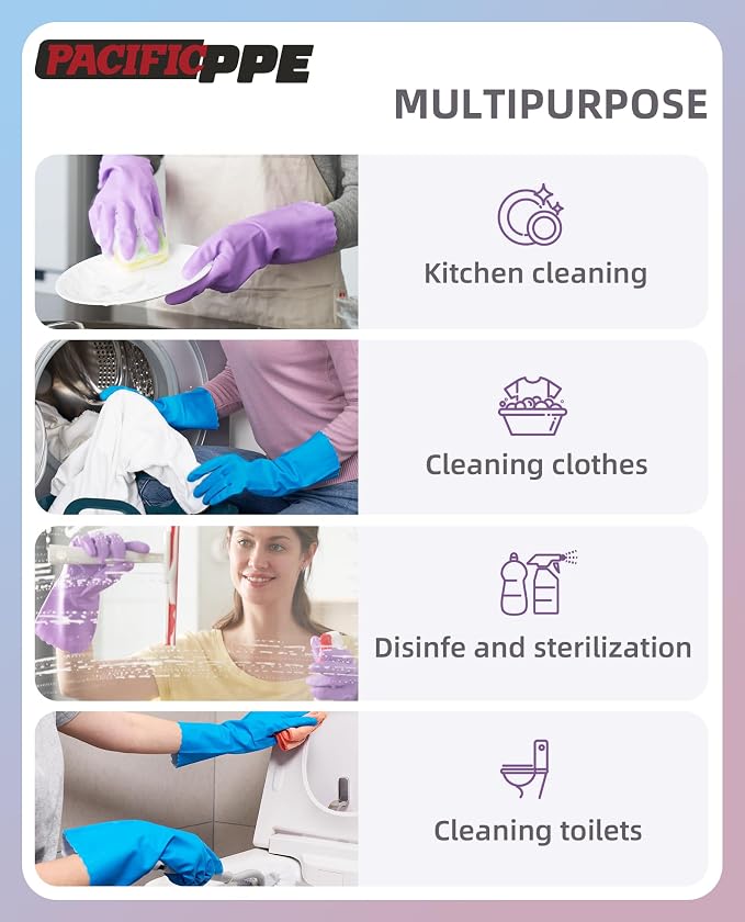 PACIFIC PPE 4 Pairs Reusable Dishwashing Cleaning Gloves with Latex Free, Cotton Lining, Kitchen Gloves, Blue, Large