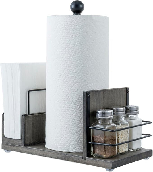MyGift Rustic Paper Towel Holder & Napkin Holder Set – Wooden Countertop Kitchen Caddy with Spice Rack (Matte Black Industrial Style)
