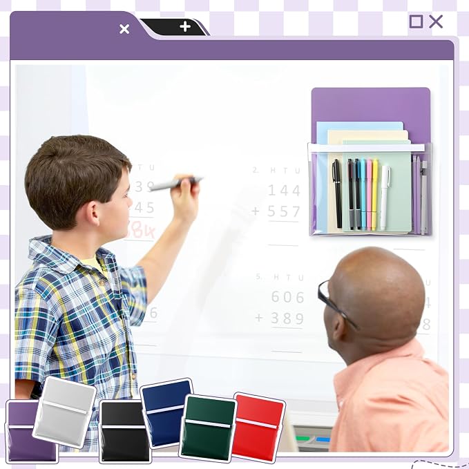 6 Pcs Magnetic File Holder Paper Holder Magnetic Pen Dry Erase Marker Organizer Magnet Pocket Pouch for Whiteboard Refrigerator, 12 x 9.5 in(Dark Color)