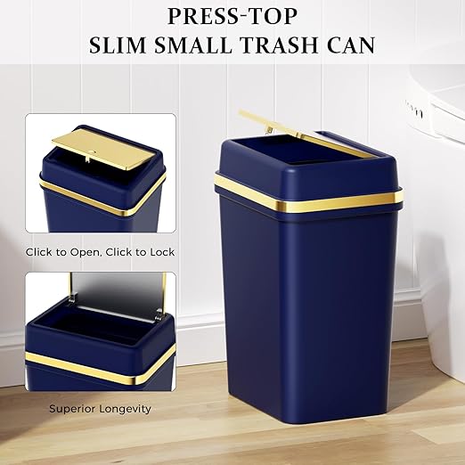 Bathroom Trash Can with Lid 4 Gallon Trash Can Navy Blue Trash Cans with Press Top Lid Bedroom Trash Can Small Garbage Can with 150 Counts Trash Bags for Small Bathroom Bedroom Office