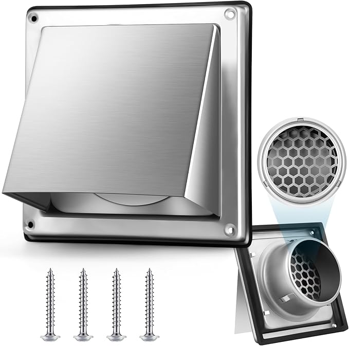 4 Inch Dryer Vent Cover Outside, 304 Stainless Steel Exterior Wall Cover with Cushioned Backdraft Flap, Bird Guard, Sealing Gasket, Weatherproof Dryer Exhaust Vent Cap(Hexagon)