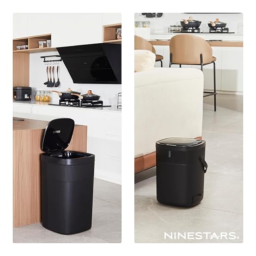 Ninestars 13.2 Gallon Automatic Trash Can, 50L + 12L Touchless Motion Sensor Garbage Can Set of 2 with Soft Close Lid, Liner Ring, Fingerprint Resistant Stainless Steel Kitchen and Bathroom, Black