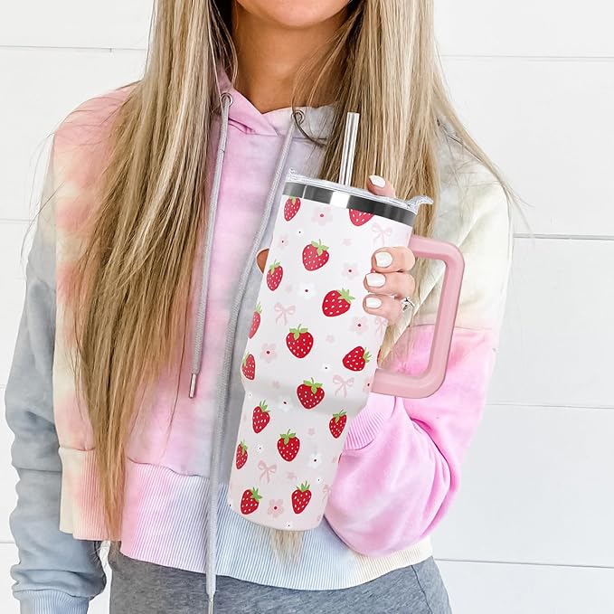 Ceovfoi 40oz Strawberry Tumbler With Handle Lid and Straw,Strawberry Floral Coffee Mug Cup Water Bottles,Strawberry Themed Gifts for Women,Strawberry Decor Stuff Accessories