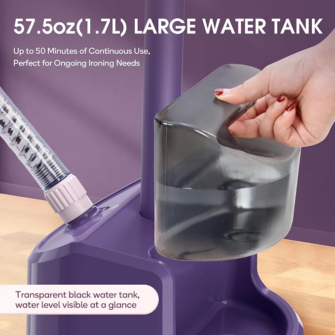Newbealer Standing Garment Steamer 1500W Full-Size with Foot Pedal (Purple) | 1.7L Large Water Tank, 45s Fast Heat-Up, 50-Min Vertical Steaming, Auto-Off, for Home/Hotel/Laundry