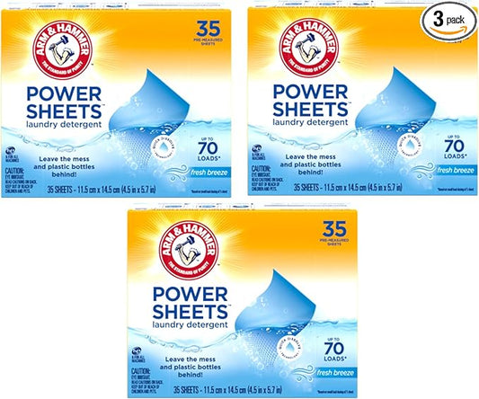 Arm & Hammer Laundry Detergent Power Sheets,Fresh Breeze, up to 210 Loads, 35 Ct (Pack of 3)