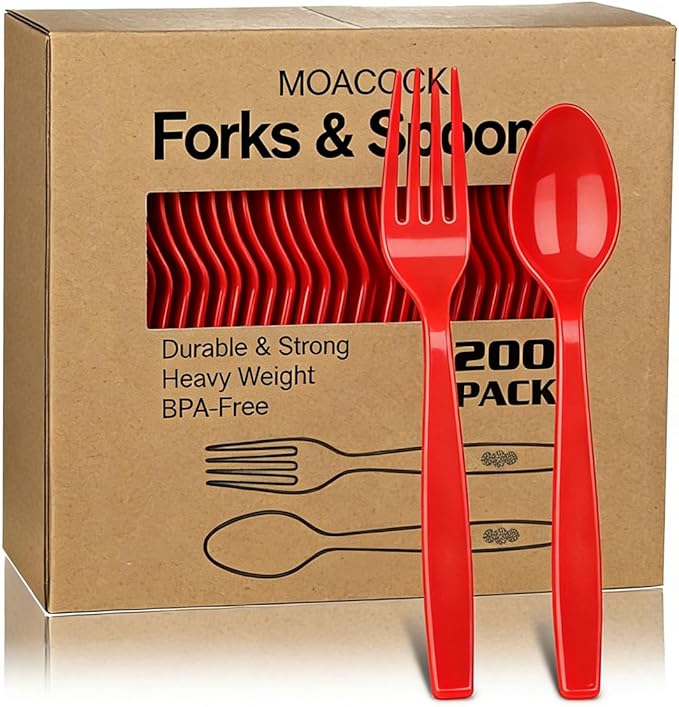 MOACOCK 200 Count Red Plastic Silverware, Heavy Weight Plastic Forks Spoons Disposable Utensils Cutlery Set for Wedding Party Supplies Everyday Use