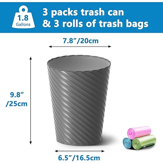 Lysam Bathroom Trash Can, 3 Pack 1.8 Gallons Small Trash Can with Trash Bags, Bathroom Garbage Can, Plastic Trash Bin, Round Waste Basket for Bedroom, Office, Room (White Black Grey)