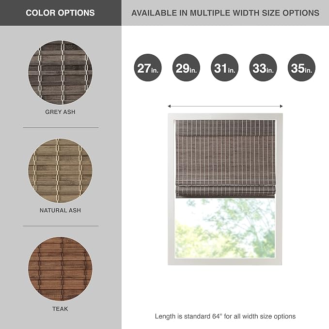 Madison Park Eastfield 100% Bamboo Cordless Roman Shades-Woven Wooden Privacy Panel, Light Filtering Easy Installation Window Blind Treatment, Bedroom, Living Room Decor, 29" W x 64" L, Grey Ash
