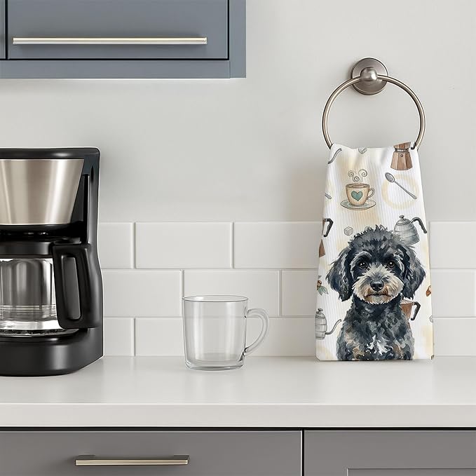 Caroline's Treasures Miniature Black Poodle Coffee Bar Kitchen Towel Velour Plush Front and Cotton Loop Back Machine Washable