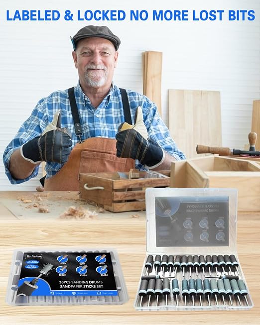 30PCS Sanding Drums for Dremel Rotary Tools Accessories, Sanding Bits Kit for Dremel Sanding Bands with 1/8 inch Shank, Sandpaper Sticks Set for Plastic Wood Metal Grinding Polishing 400-2000 Grit