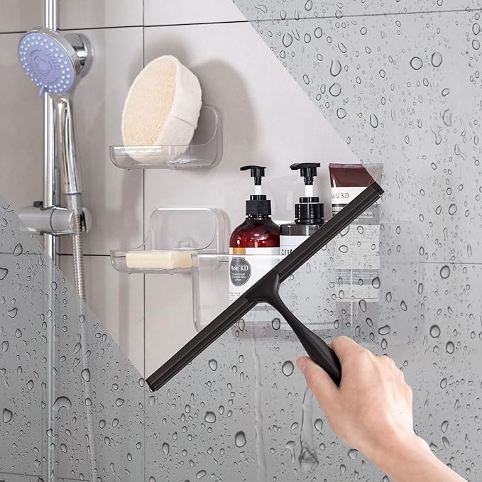 Ettori Fogless Square Shower Mirror and Black Stainless Steel Squeegee Combo – Great for Modern Bathrooms