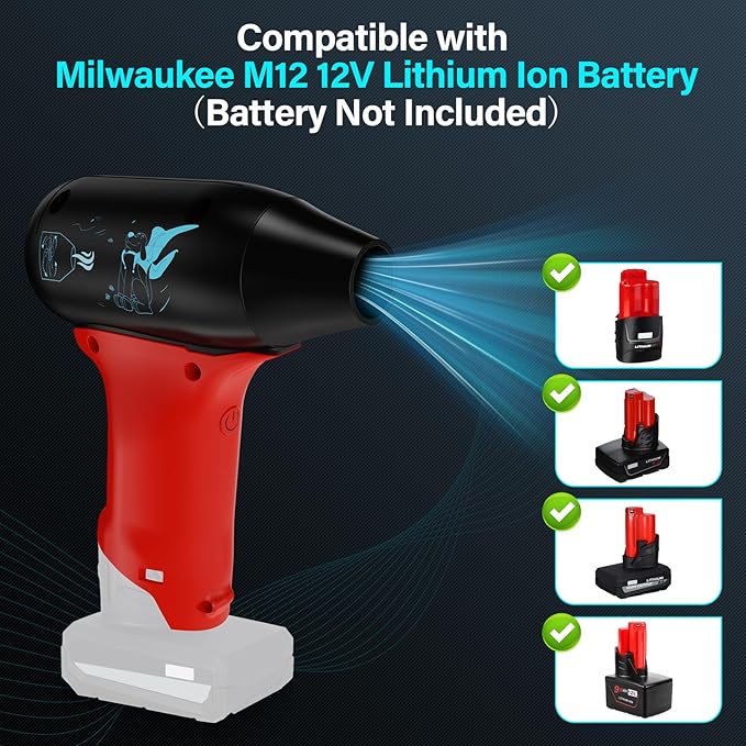 for Milwaukee M12 12V Lithium Battery Powered Jet Dry Blower, 130000RPM Compressed Air Duster, 3 Gear Adjustable Air Duster, Jet Fan Mini Blower for Tools, Car, Computer, Keyboard(No Battery)