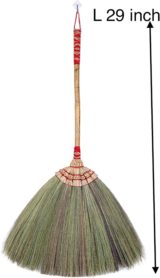 29 inch Tall of Natural Grass Broom 100% Handmade with a Bamboo Stick Embroidery Woven Nylon Top and Bottom Handle Red or Green Color on Random for Indoor and Outdoor Use