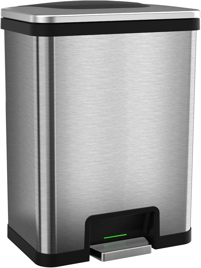 Halo TapCan 13 Gallon Effortless Trash Can with One-Tap Pedal Sensor and Odor Control System and AC Adapter-Stainless Steel with Black Trim