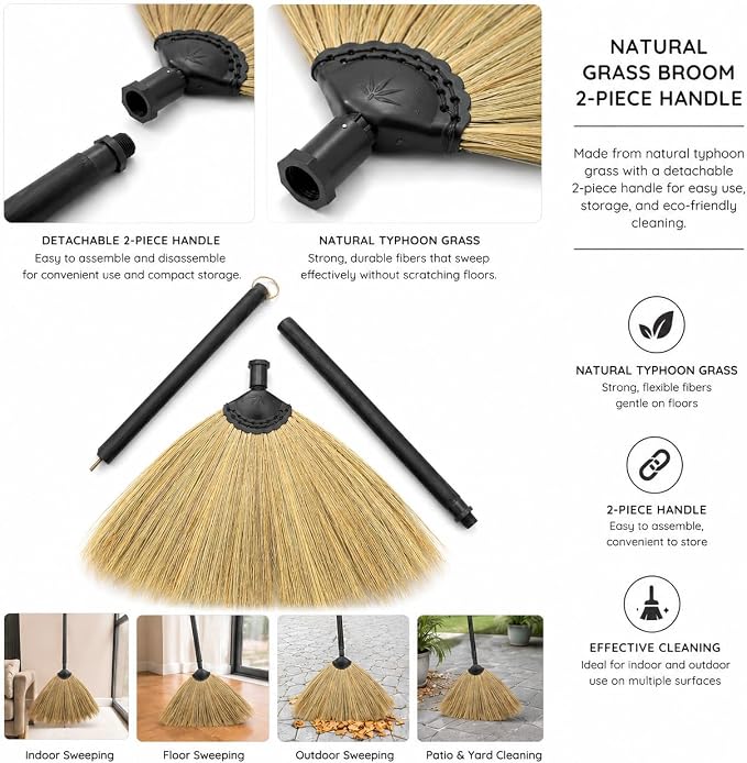 2-Piece Black Wooden Handle Vietnamese Straw Broom, Handmade Asian Grass Broom with Soft Natural Bristles for Indoor Floor, Kitchen, Living Room & Outdoor Sweeping, Household Cleaning