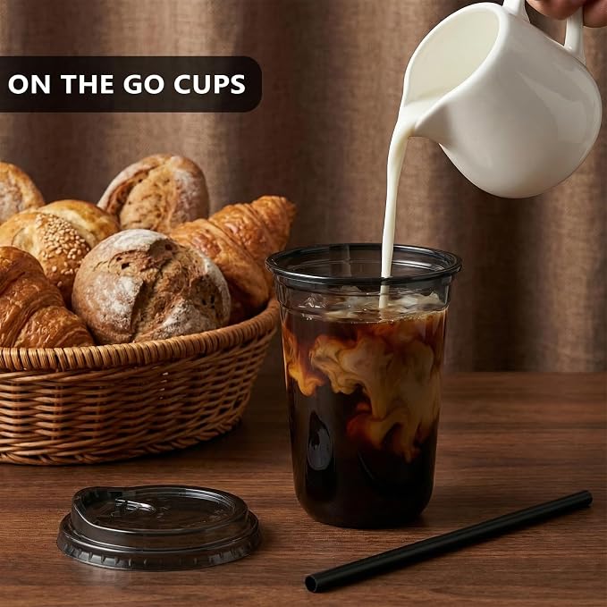 16oz Disposable Stemless Glasses With Strawless Sip Lids and Straws,PET Disposable Drinking Cups,Clear Plastic Wine Glasses for Parties Birthday,Wedding,Meeting,Party Supplies. (50, Black)