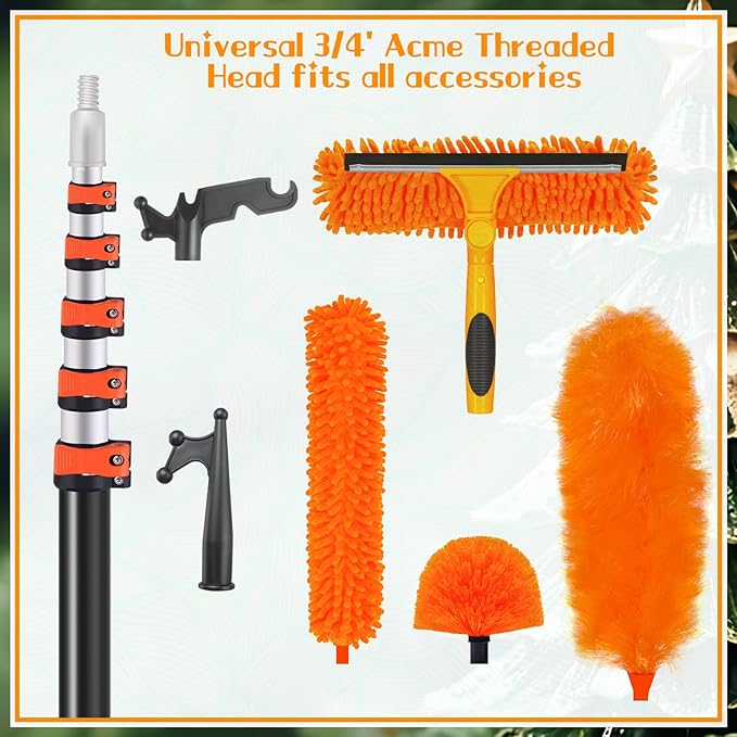 5-24ft Long Telescopic Extension Pole with Utility Hook, Ladderless christmas light pole hanger tool Installing and Hanging String Lights/Birdfeeders, cleaning High Places, Lightweight and Sturdy