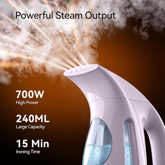 HiLIFE Steamer for Clothes, Portable Handheld Design, 240ml Big Capacity, 700W, Strong Penetrating Steam, Removes Wrinkle, for Home, Office(ONLY FOR 120V) (Pale Lilac)