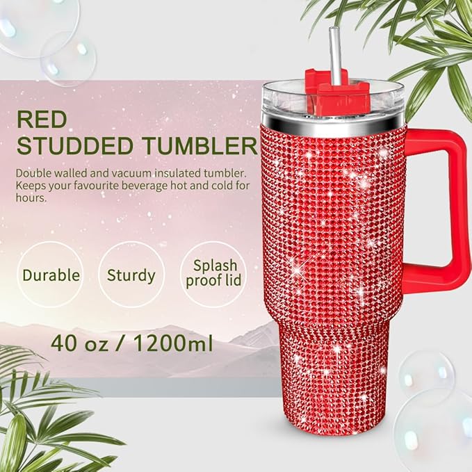 HWISDMIG 40oz Tumbler with Handle-Glitter Rhinestones Tumbler Bling Cups Stainless Steel Water Bottle Diamond Studded Tumbler for Women-Birthday Gifts for Women, Mom, Wife, Girlfriend (40 oz,Red)